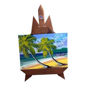 Miniature 5" Hand Painted Dominican Republic Wooden Easel Beach Scene Nautical
